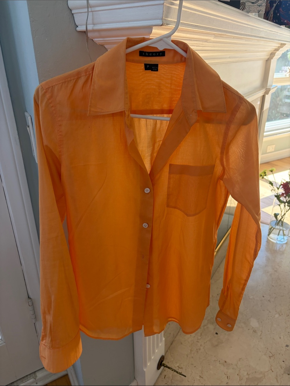 Theory Women’s Pale Orange Semi-Sheer Cotton Button-Down Shirt